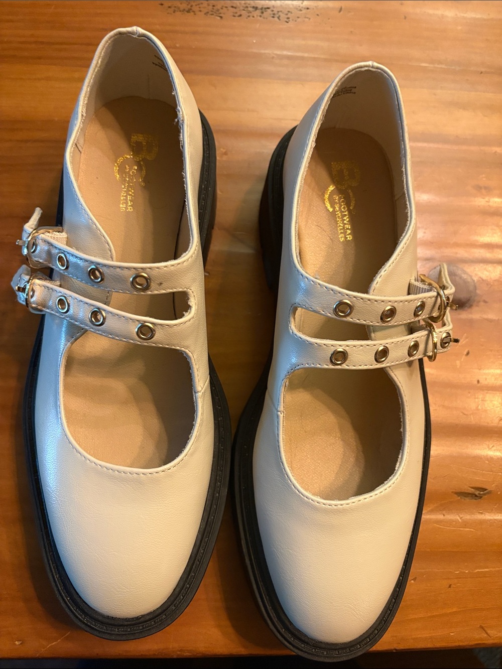 BC Footwear Cream Double-Strap Mary Janes with Black Platform
